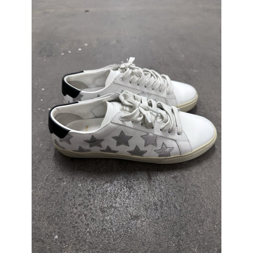 Saint Laurent White Leather Sneakers with Silver Star Accents and Black Heel Tab